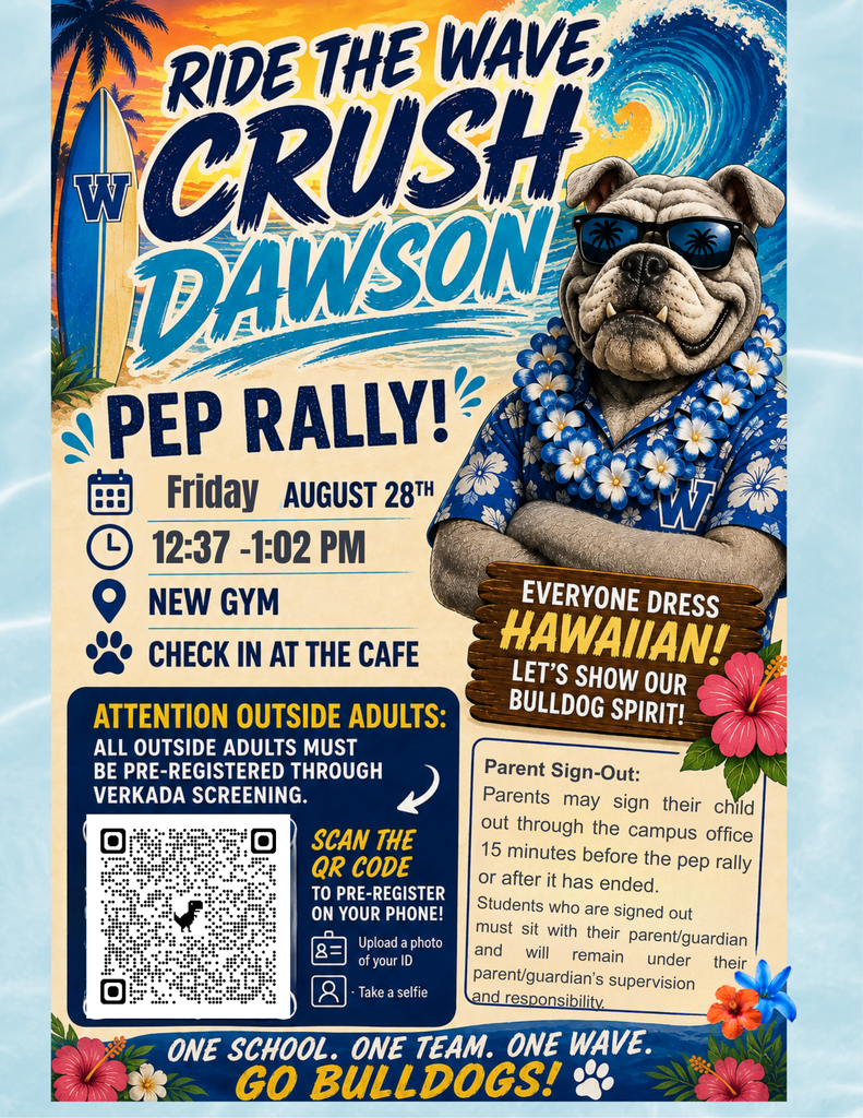Bulldog wearing a Hawaiian Shirt. A wave curls behind. A QR Code to scan