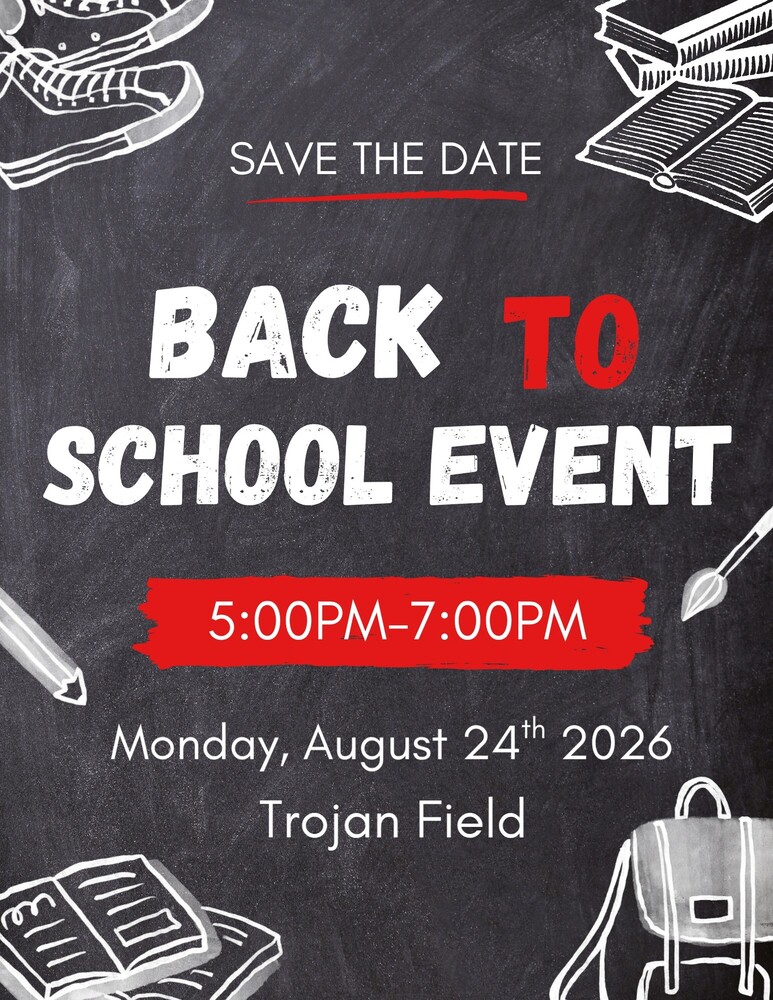 Save the Date information for a new district event for students and families at Trojan Field 