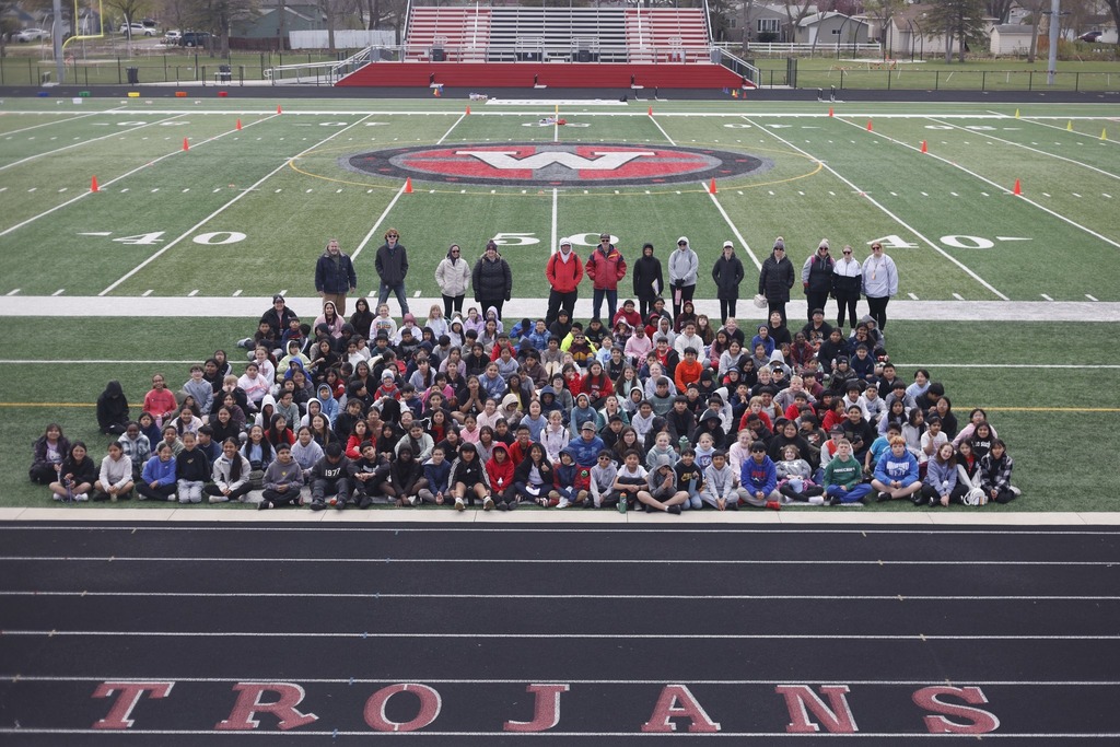 Current Intermediate School 5th graders on Trojan Field for their Field Day