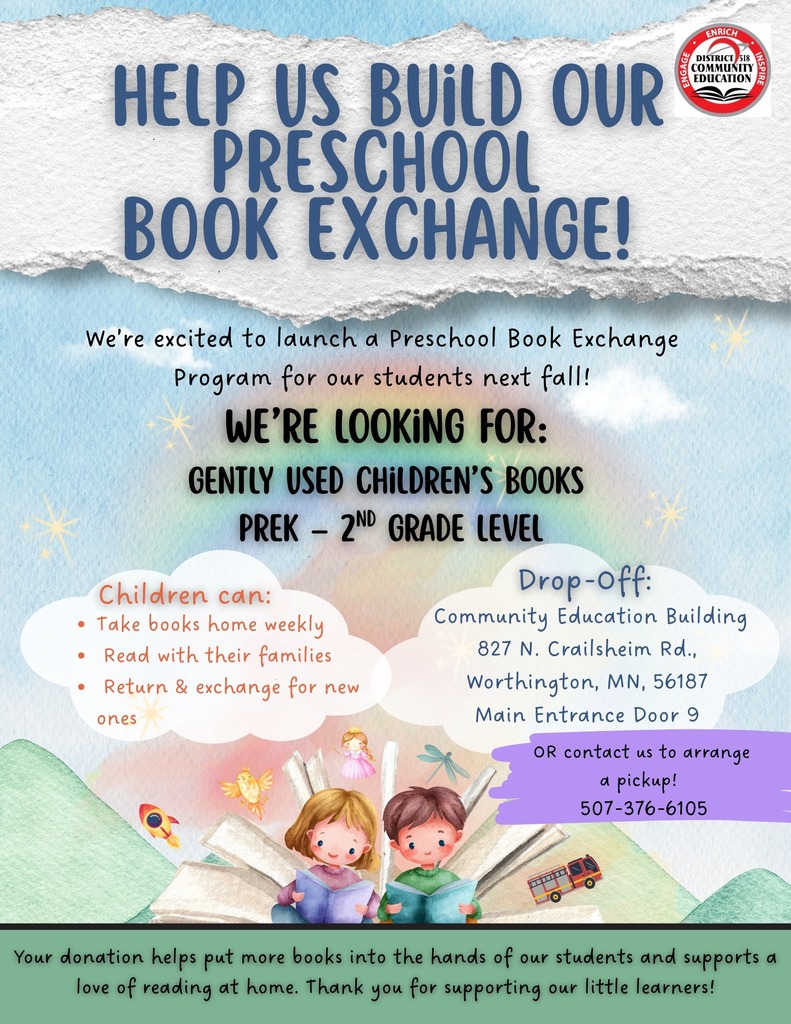 Preschool Book Exchange information requesting gently used children's books for PreK to 2nd grade level