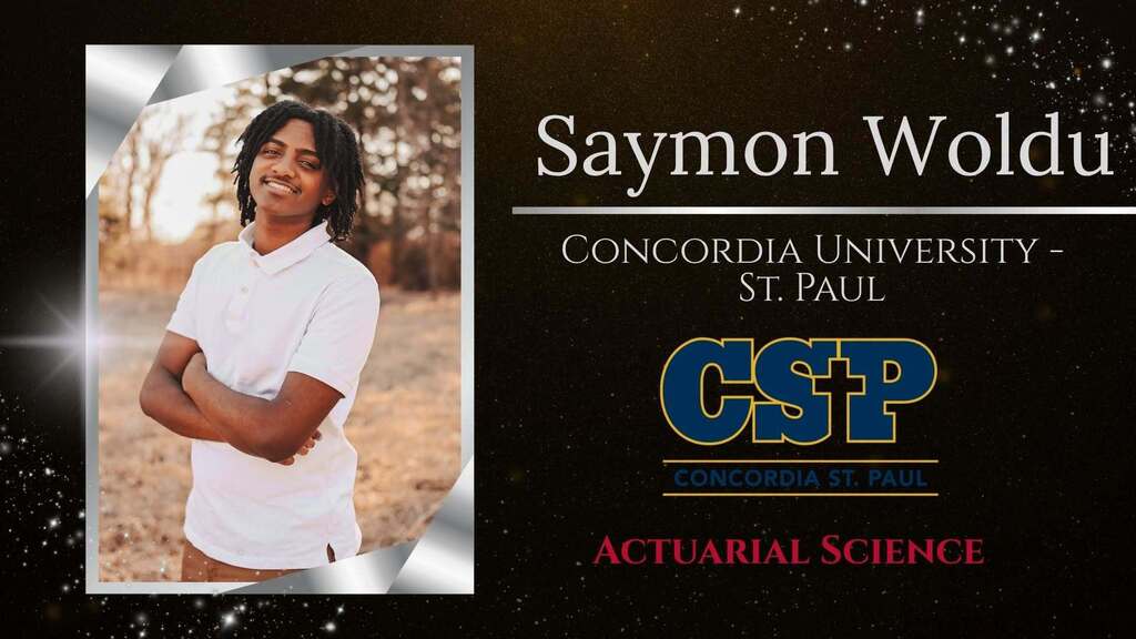 Saymon Woldu in a field, detailing his college choice of Concordia University, St Paul 