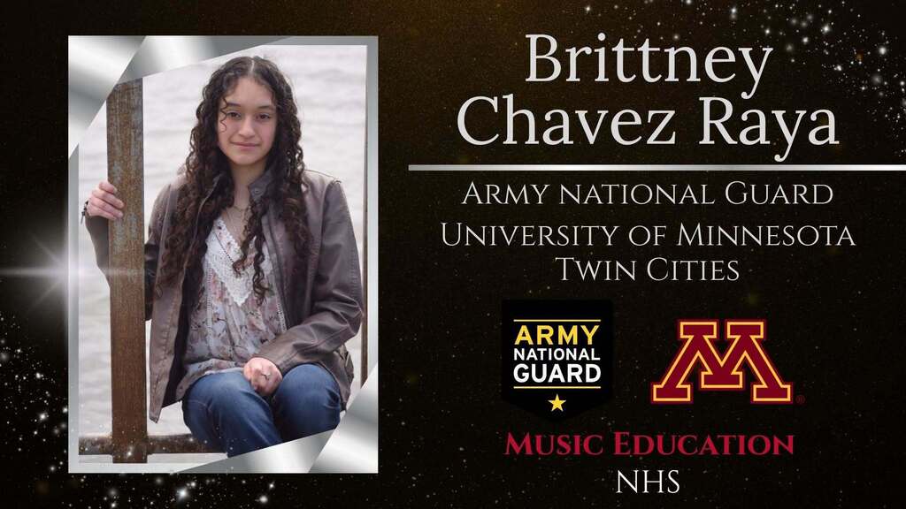 Brittney Chavez Raya sitting on a dock, details about being in MN National Guard, attending U of M 