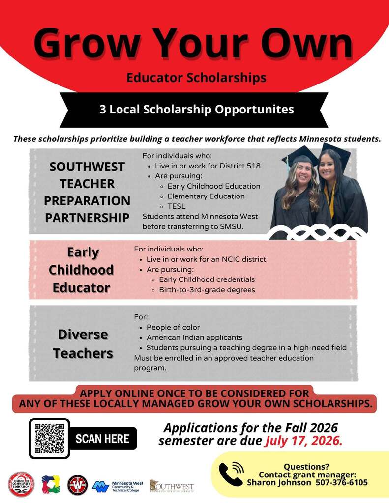 Flyer for District 518 Grow Your Own with 3 Scholarship Opportunities - STPP, Early Childhood, Diverse Teachers 