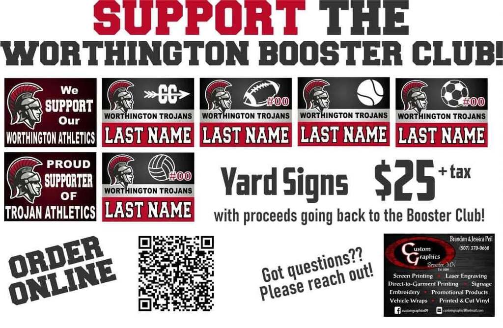 Worthington Trojan Sports Booster Sign Options with variety of Fall Sports 