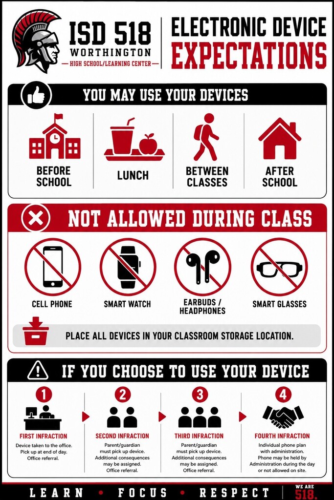 WHS and Learning Center Electronic Device Expectations - no cell phones, smart watches, earbuds, Meta glasses.