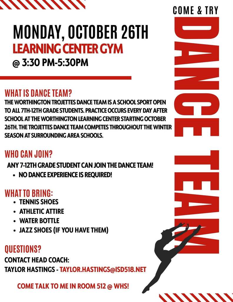 Worthington Trojettes Dance Team Trial Day - Monday, Oct 26 from 3:30pm to 5:30pm