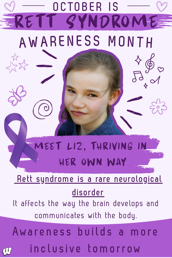 October is Rett Syndrome Awareness Month! 💜 Meet Liz, thriving in her own way. Rett syndrome is a rare neurological disorder that affects the way the brain develops and communicates with the body. 💜 Awareness builds a more inclusive tomorrow! 🎗️