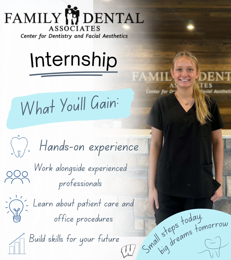 family dental associates, center for dentistry and facial aesthetics, internship, what you’ll gain: hands-on experience, work alongside experienced professionals, learn about patient care and office procedures, build skills for your future, small steps today, big dreams tomorrow.