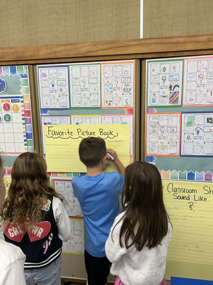 third graders writing on poster