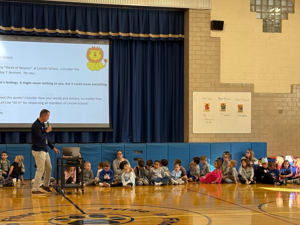 Students in the gym watching a presentation by Mr. Lee.