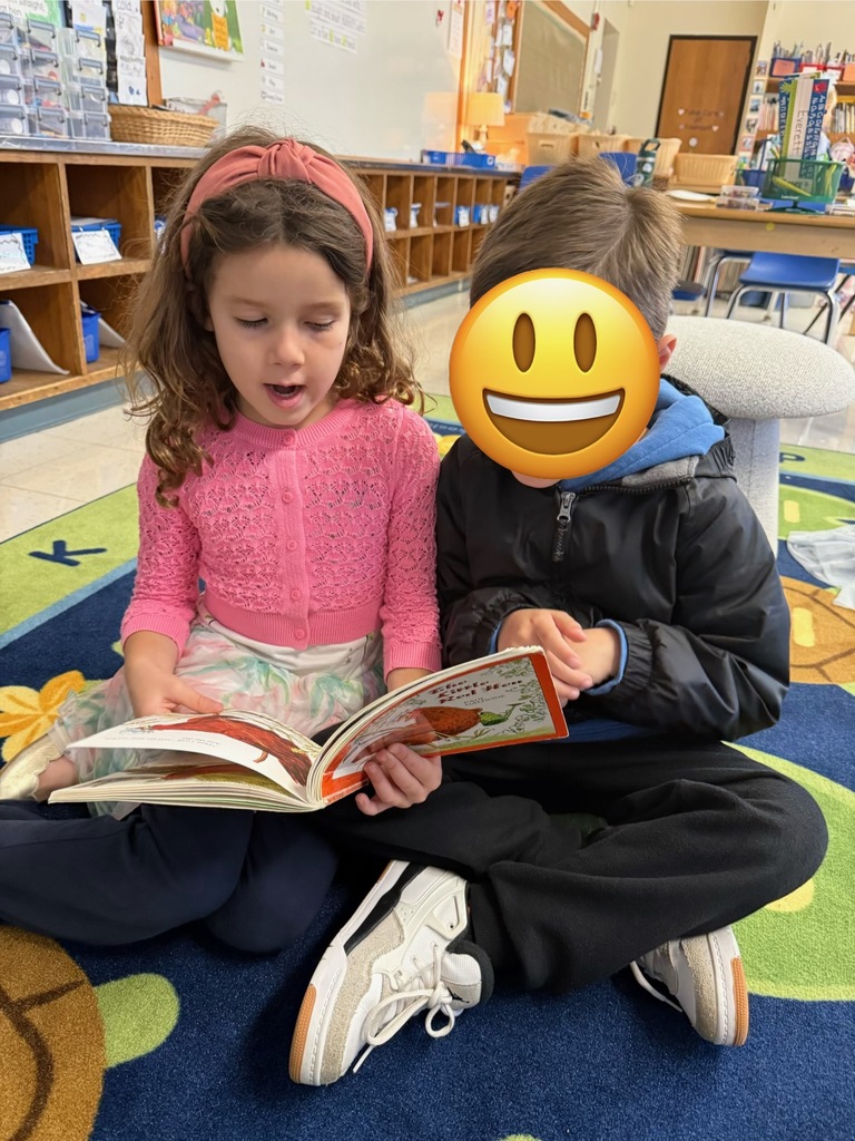 Students partner reading a book while sitting on the classroom carpet.