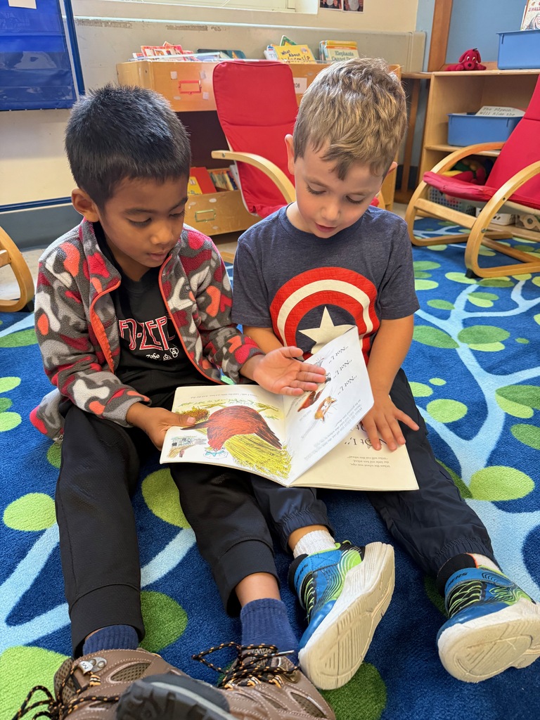 Students partner reading a book while sitting on the classroom carpet.