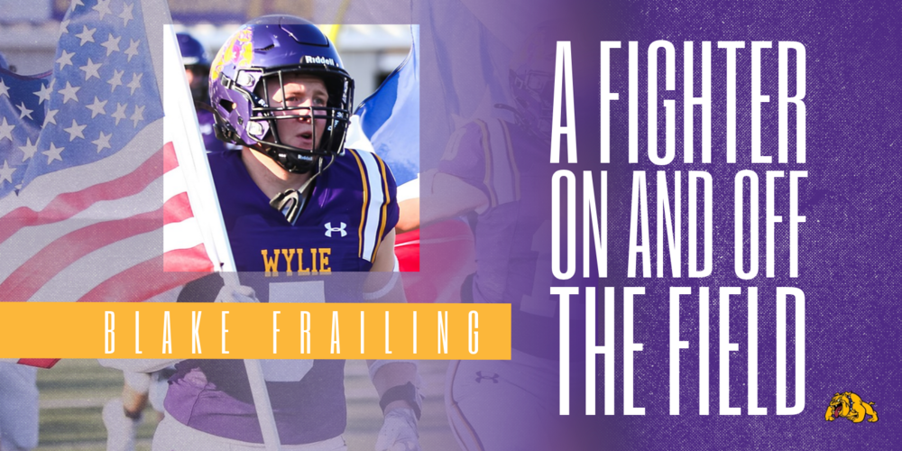 Graphic reading “Blake Frailing: A Fighter on and off the Field,” with a purple football helmet and football on a stadium field at sunset.