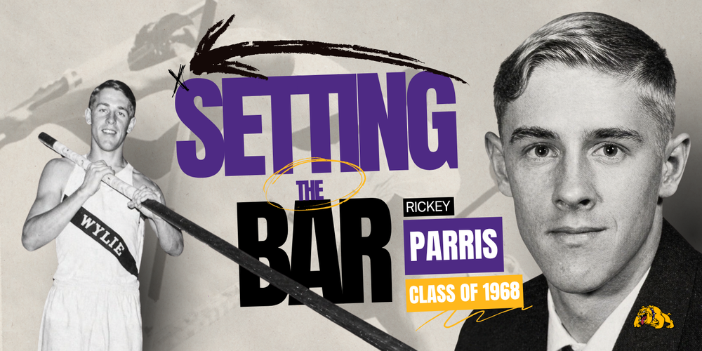 Graphic honoring Rickey Parris with two restored black-and-white vintage photos. On the left, he stands in a Wylie track uniform holding a pole vault pole. On the right, a formal yearbook portrait shows him in a suit and tie. Bold purple, black, and gold text reads “Setting the Bar,” with labels “Rickey Parris” and “Class of 1968.” A faint pole vault action silhouette appears in the background with a small Wylie Bulldog logo in the lower right corner.