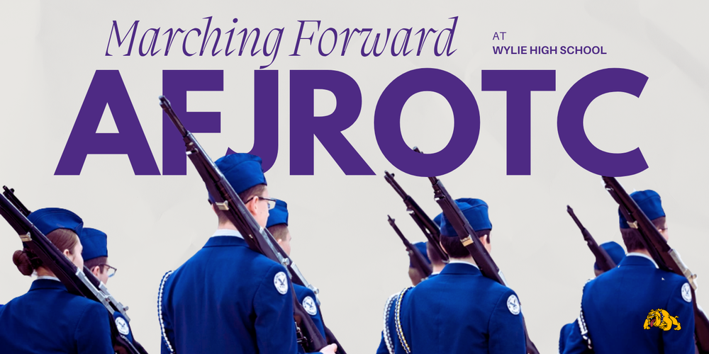 AFJROTC cadets in blue uniforms march in formation carrying rifles, set against a clean background with bold purple text reading “Taking Flight AFJROTC at Wylie High School.”