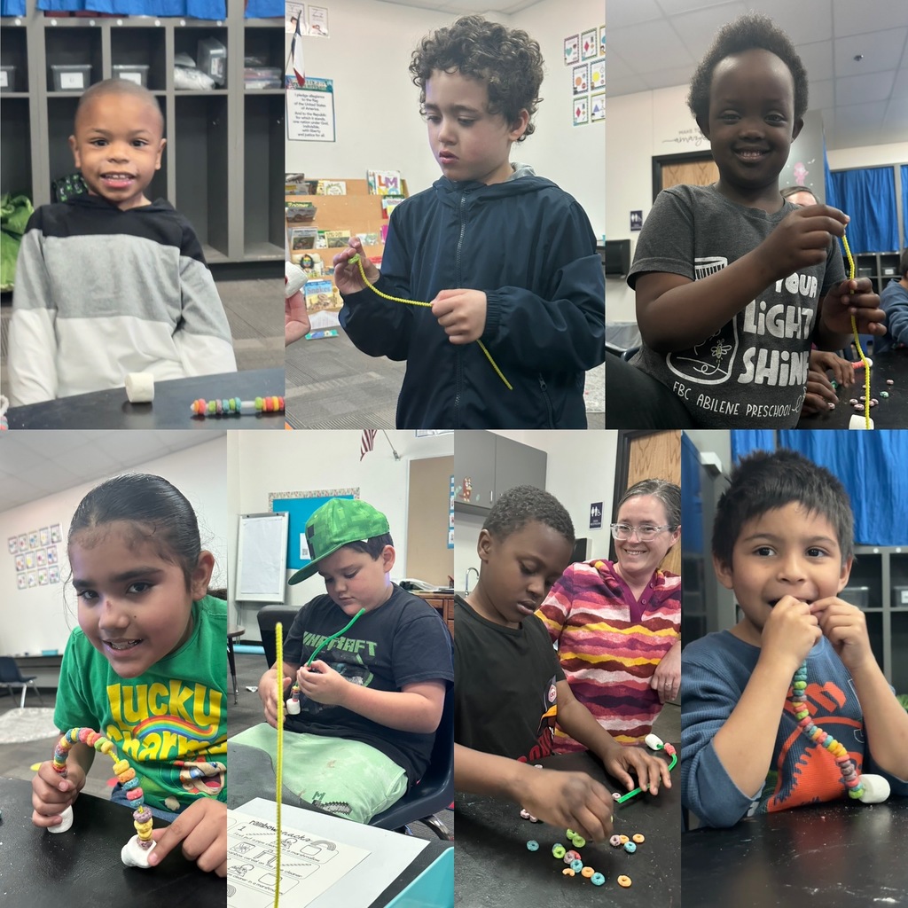 A collage of seven young children in a classroom engaged in a hands-on activity using pipe cleaners, marshmallows, and colorful cereal pieces. The children display a variety of expressions, from concentration to joy, as they string cereal onto the pipe cleaners. Some hold up their creations, while others focus on threading or enjoy a snack. A teacher in a striped sweater is seen smiling in the background. The classroom features educational posters, bookshelves, and bright decorations.