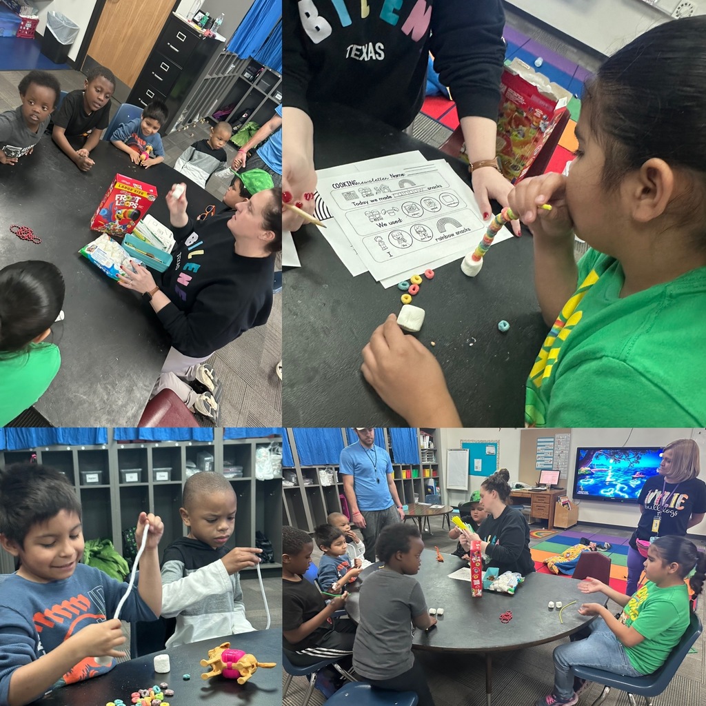 A collage of four photos captures young students in a classroom participating in a hands-on activity using marshmallows, pipe cleaners, and colorful cereal pieces. In the top left image, a teacher wearing a black sweater with 'BITE' written on it is leading a group of students gathered around a table, engaged in the activity. The top right image shows a child threading cereal onto a pipe cleaner while following a worksheet with coping strategies. The bottom left image features two young boys focused on threading cereal pieces onto string. The bottom right image provides a wider view of the classroom, showing students working together while teachers and staff observe. The classroom has colorful decorations, learning materials, and an interactive screen in the background.