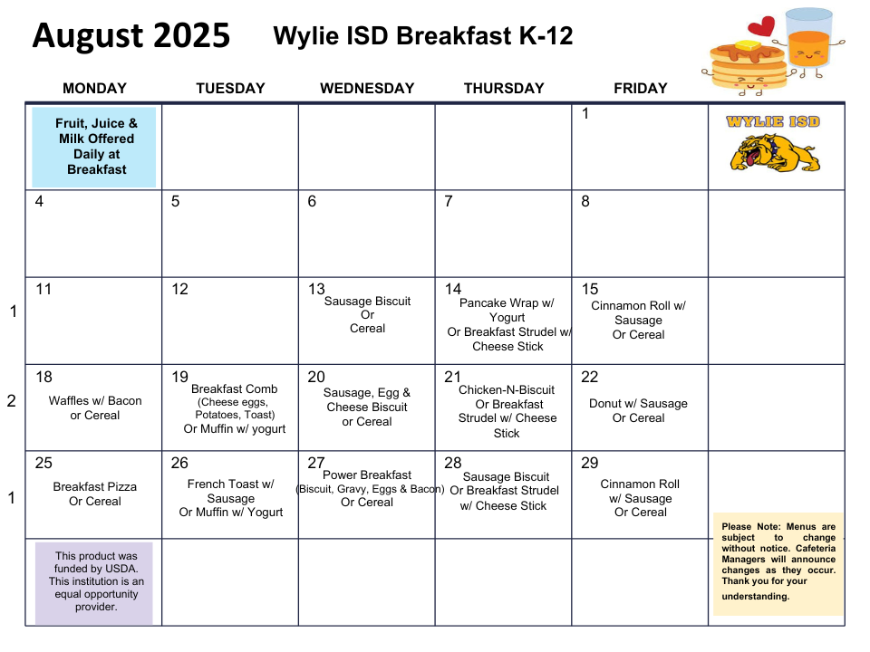 Wylie West Intermediate School Lunch Menu.