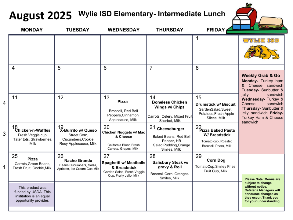 Wylie West Intermediate School Lunch Menu.