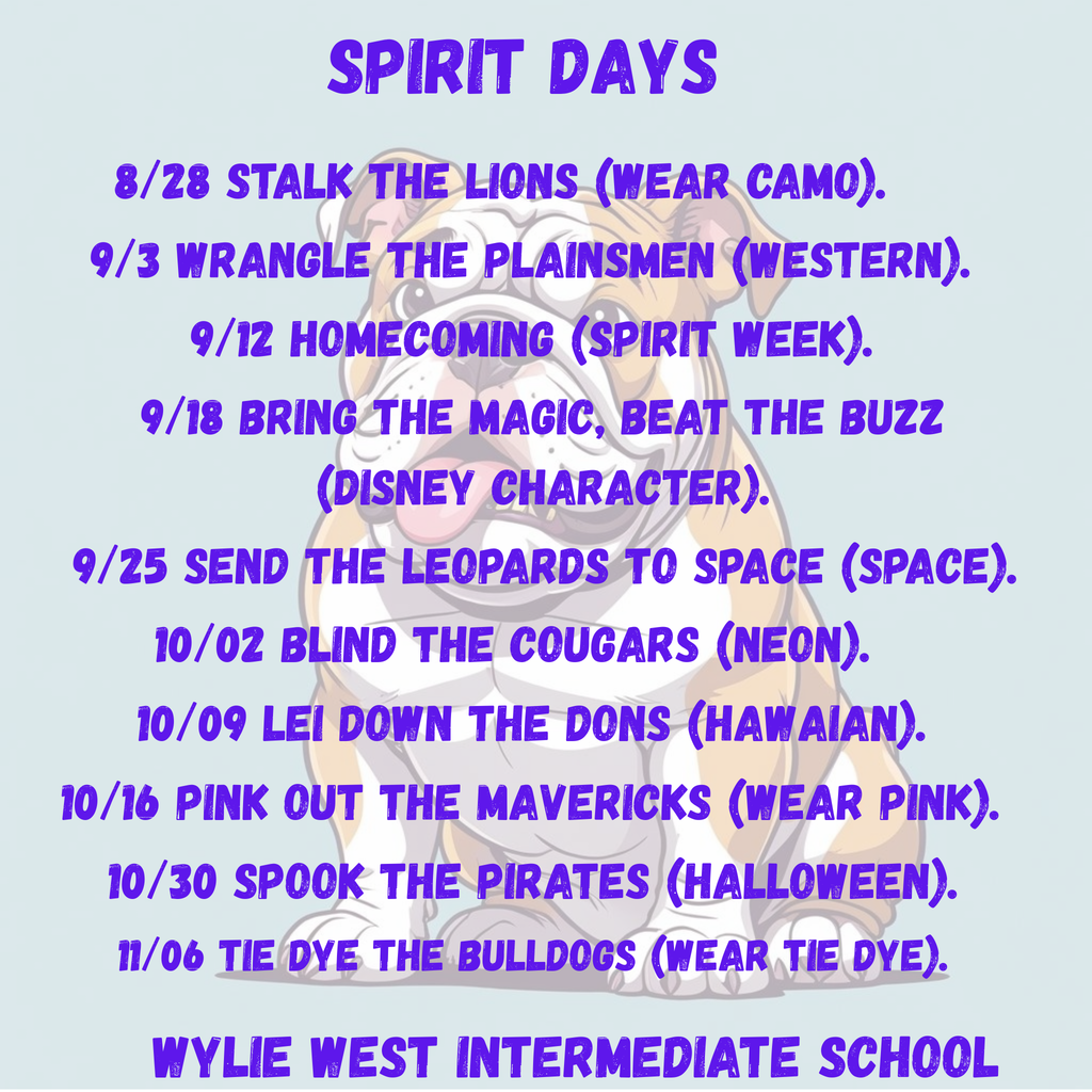 Wylie West Intermediate Spirit Days We’re excited to announce our upcoming Spirit Days! This is a great opportunity for students and staff to show school pride, have fun, and build community.