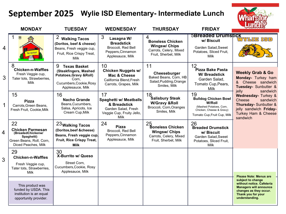 Lunch menu for the month of September.