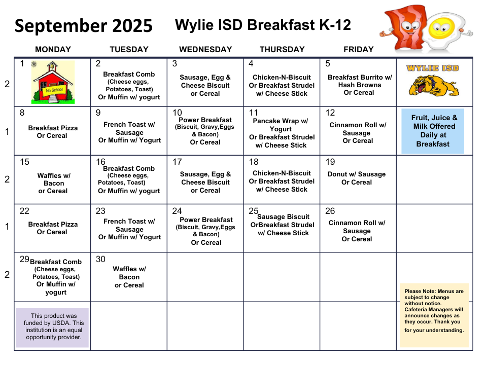 Breakfast Lunch menu for the month of September.