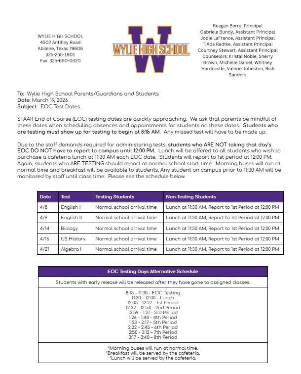 EOC Testing Schedule