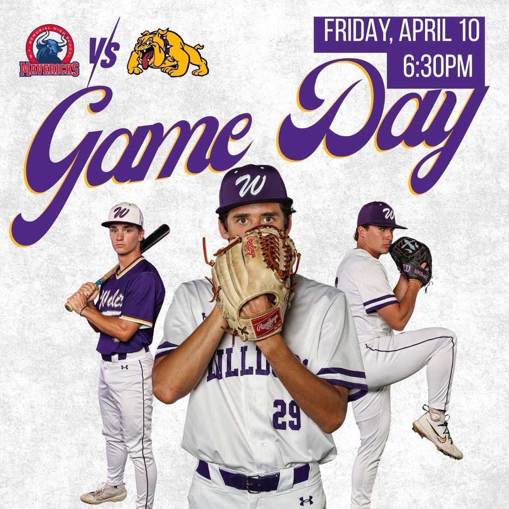 Wylie High School baseball game day graphic featuring three Bulldogs players in purple and white uniforms posed with bats and gloves. The graphic promotes a home game against Wichita Falls Memorial High School on Friday, April 10, at 6:30 p.m. with “Game Day” displayed in large purple and gold lettering.