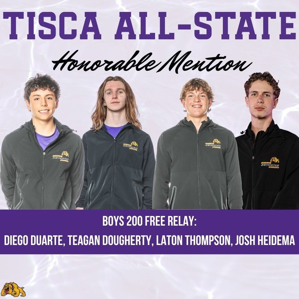 Graphic titled “TISCA All-State Honorable Mention” showing four male student swimmers in Wylie jackets. Text reads: Boys 200 Free Relay – Diego Duarte, Teagan Dougherty, Laton Thompson, Josh Heidema, with a Bulldogs logo.