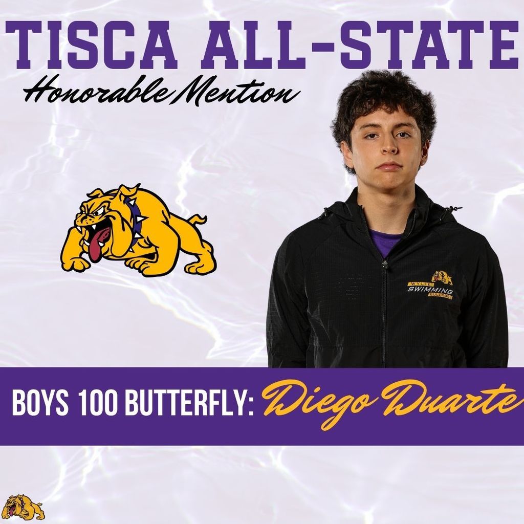 Graphic titled “TISCA All-State Honorable Mention” showing four male student swimmers in Wylie jackets. Text reads: Boys 200 Free Relay – Diego Duarte, Teagan Dougherty, Laton Thompson, Josh Heidema, with a Bulldogs logo.