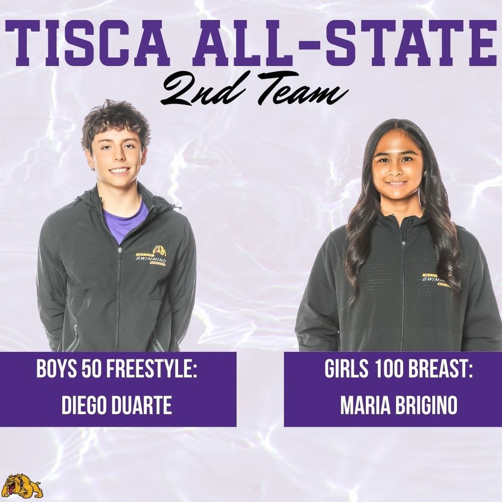 Graphic titled “TISCA All-State 2nd Team” featuring two student swimmers in Wylie Bulldogs jackets. On the left is a male student, labeled “Boys 50 Freestyle: Diego Duarte.” On the right is a female student, labeled “Girls 100 Breast: Maria Brigino.” Purple and white design with a Bulldogs logo in the corner.
