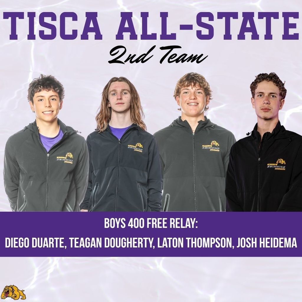 Graphic titled “TISCA All-State 2nd Team” showing two student swimmers, one male and one female, in Wylie jackets. Text reads: Boys 50 Freestyle – Diego Duarte and Girls 100 Breast – Maria Brigino, with a Bulldogs logo.