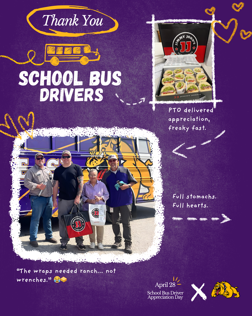 Purple chalkboard-style graphic for School Bus Driver Appreciation Day. Includes photos of Jimmy John’s wraps and Wylie ISD transportation staff standing in front of a purple and gold school bus. White and gold text thanks school bus drivers and PTO for delivering appreciation “freaky fast.”
