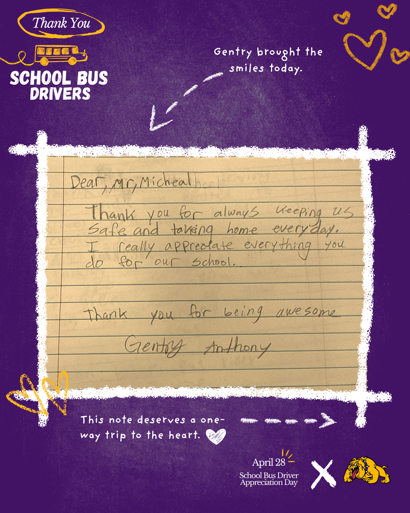 Purple chalkboard-style appreciation graphic featuring a handwritten thank-you note from student Gentry to bus driver Mr. Micheal. Decorative hearts and arrows surround the note, with text celebrating Gentry for bringing smiles.