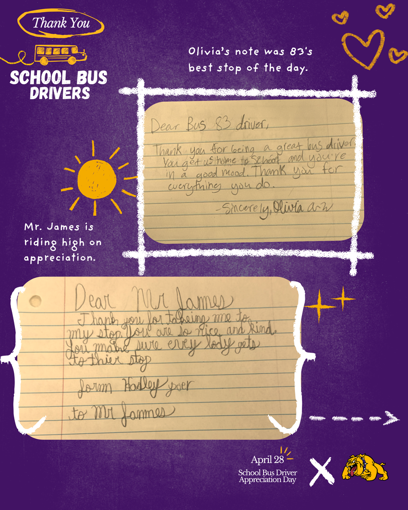 Purple chalkboard-style graphic with two handwritten student notes. One note from Olivia thanks Bus 83 driver for being kind and getting students to school in a good mood. Another note thanks Mr. James for being nice and making sure everyone gets to their stop.