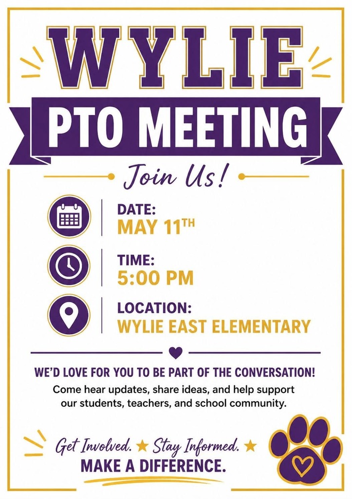 TONIGHT! The last meeting of your district-wide Wylie PTO! 

Join us to install the new officers of the East, West, and South PTOs as well as thank our current executive board and committee chairs for their service. 

5:00pm at East Elementary