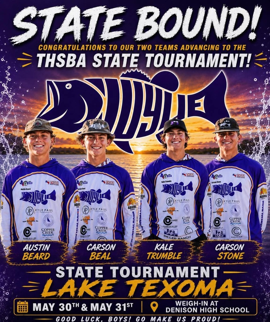 Wylie High School Bass Fishing is STATE BOUND! 🎣🔥

Congratulations to our two teams advancing to the THSBA State Tournament this Saturday and Sunday at Lake Texoma!

• Austin Beard & Carson Beal
• Kale Trumble & Carson Stone

These anglers have put in countless early mornings, long practice days, and hours on the water to earn their spot among the best teams in Texas on the Texas High School Bass Association Trail. We are proud of the way they represent Wylie — on and off the water — with hard work, character, and determination.

THSBA State Tournament
📍 Lake Texoma
🗓 Saturday, May 30th & Sunday, May 31st
📍 Weigh-In at Denison High School

Good luck this weekend, boys! Your Wylie family is behind you all the way. Go make some memories and fish hard! 💜💛🐟

Thank you to all our sponsors for making this possible! 

#WylieBassFishing #THSBA #StateBound #LakeTexoma #WylieBulldogs