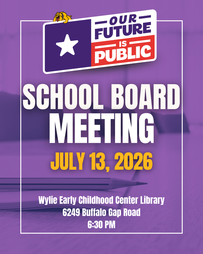 School Board Meeting Tonight There will be a Wylie ISD School Board regular meeting, June 13th, at 6:30 pm. All meetings are open to the public and held at the Wylie Early Childhood Center Library located at 6249 Buffalo Gap Road. The meeting will also be live-streamed at this link: https://youtube.com/@wyliebulldogproductions Link to the Agenda: https://meetings.boardbook.org/Public/Organization/2275