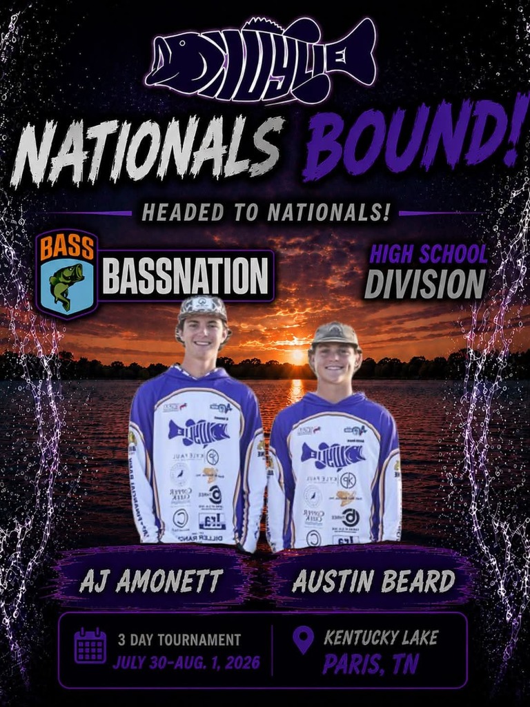 🇺🇸 NATIONALS BOUND! 🎣💜💛
Wylie High School anglers AJ Amonett and Austin Beard are headed to the 2026 Bassmaster High School National Championship at Kentucky Lake in Paris, Tennessee, July 30–August 1!
Their hard work, dedication and countless hours on the water have earned them the opportunity to compete against the nation’s best.
Join us in wishing AJ and Austin the best as they represent Wylie on the national stage! Go Bulldogs! 🐟🎣