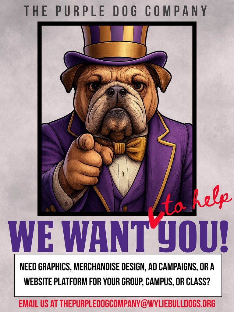 🐾 Need help bringing an idea to life? The Purple Dog Company, a student-run business at Wylie High School, can help with shirt and merchandise designs, graphics, social media campaigns, fundraising websites and more! Support WHS students while putting their creativity and business skills to work. 📧 thepurpledogcompany@wyliebulldogs.org 🛍️ Shop at thepurpledogcompany.com