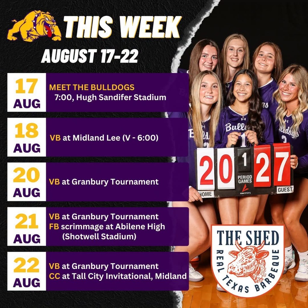 Hey Bulldogs! It's our first full week of school so let's get the week started! Meet the Bulldogs is tonight followed by a solid week of competition! Here's a look at this week's schedule courtesy The Shed Market: wyliebulldogathletics.com