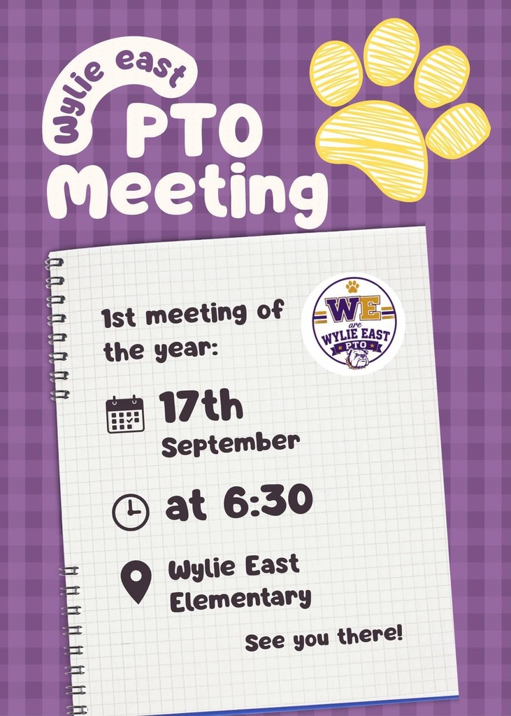📣 SAVE THE DATE! 📣
We’re kicking off a new school year, and we’d love for you to join us at our 1st PTO meeting of the school year! 💜💛
Come meet our PTO, hear what we have planned, and find out how you can get involved in making this a great year for our students and teachers!
📅 Date: September 17th
⏰ Time: 6:30pm
📍 Location: Wylie Elementary