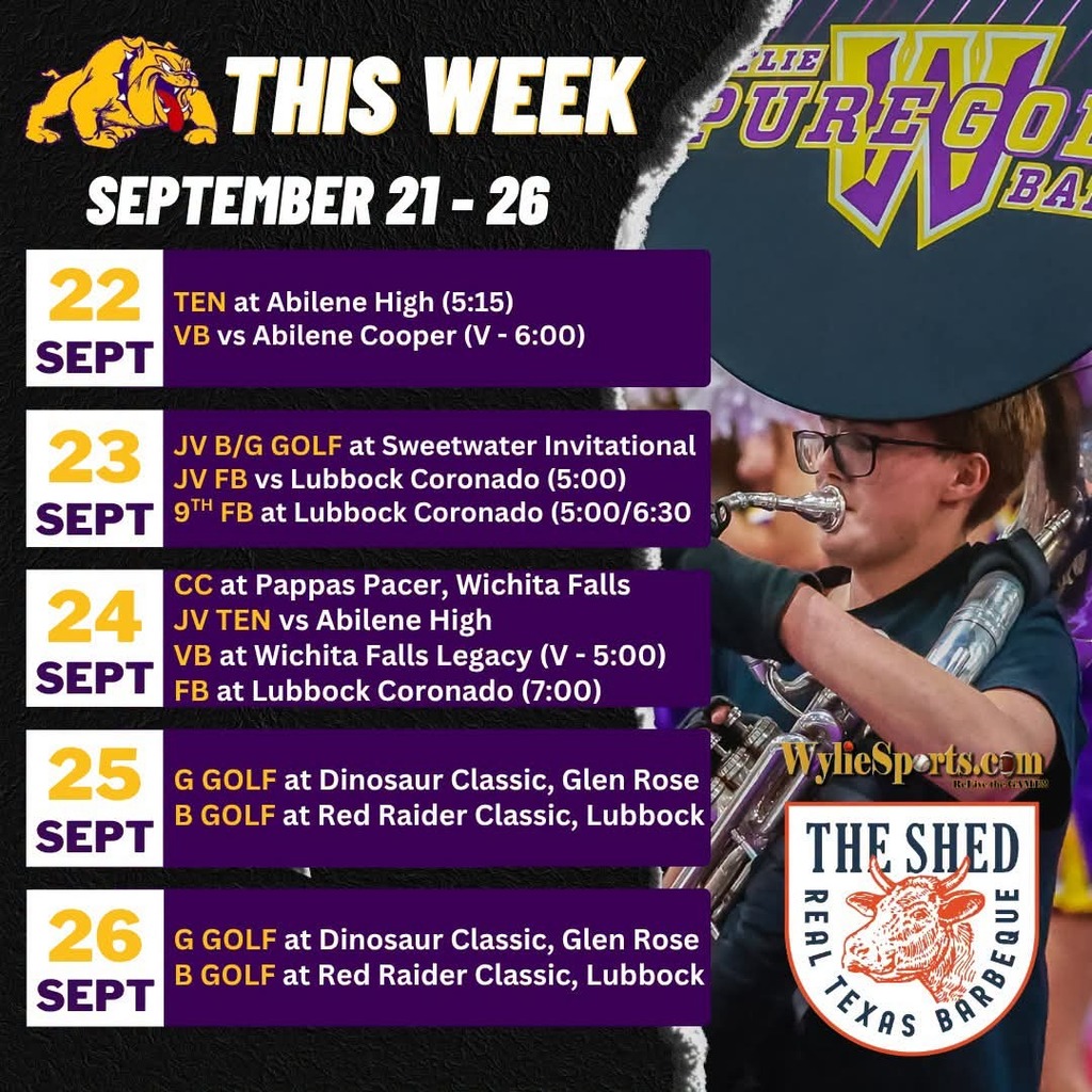 The chase for district championships ramps up for tennis, volleyball and football, cross country keeps collecting medals, and golf swings in the fall season. Here is this week's Bulldog schedule courtesy The Shed Market: wyliebulldogathletics.com