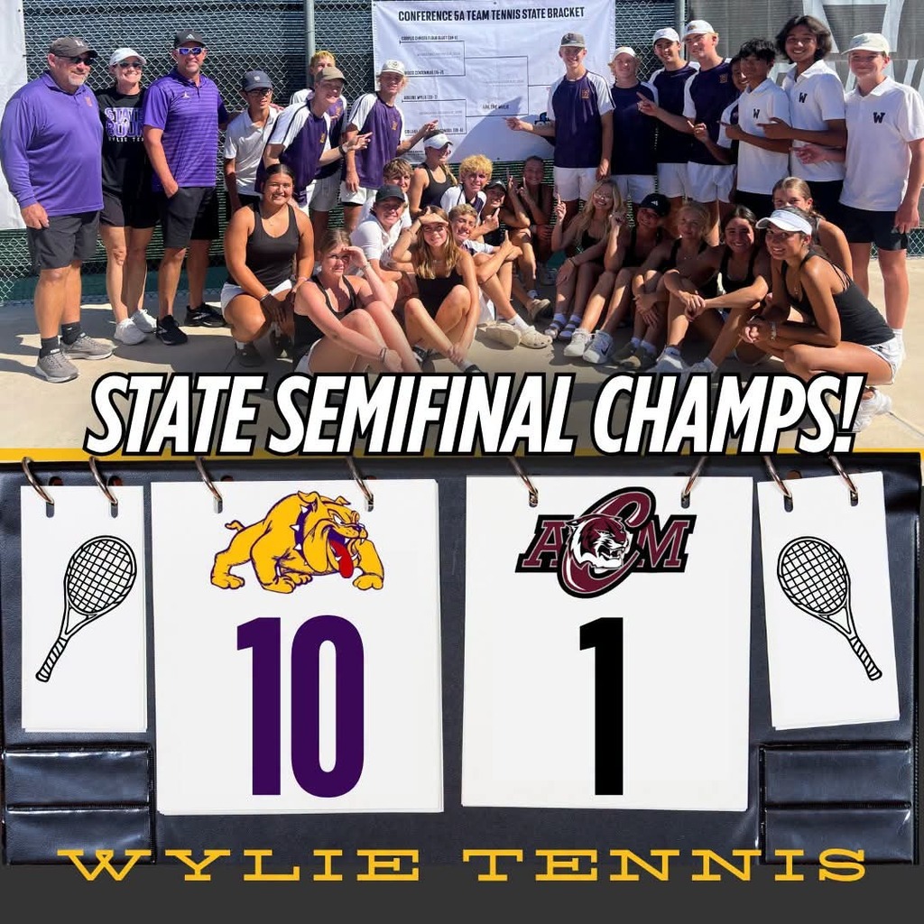 Ladies and Gentlemen, your STATE SEMIFINAL Champions! Wylie tennis beats A&M Consolidated 10-1 this morning to advance to the CLASS 5A STATE CHAMPIONSHIP match on Thursday. Their overall record is now 24-1! Great job Bulldogs, go get 'em tomorrow!! https://trst.in/0f8s44