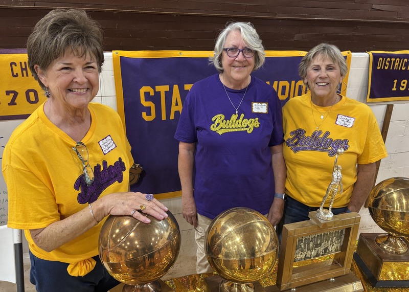 From left, Sandra Jackson Harris, Nita Cowan Lawson, and Sandy McKee Clay reminisced about winning the Class A state basketball championship in 1970 under the legendary Stanley Whisenhunt.
