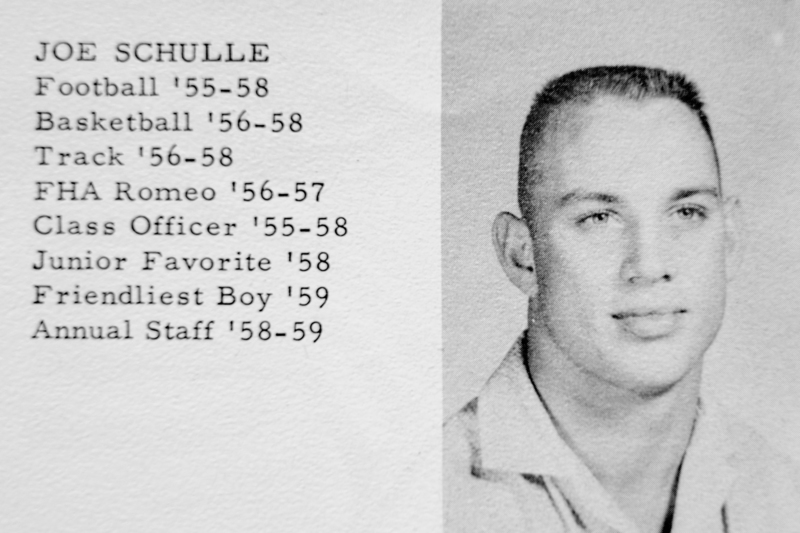 Black-and-white yearbook page featuring a portrait of Joe Schulle alongside text listing his activities, including football, basketball, track, class officer roles, and honors such as Junior Favorite and Friendliest Boy.