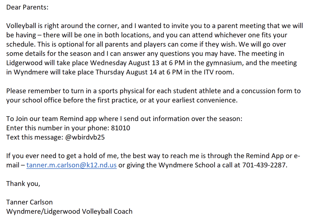 Volleyball Letter for Parents and Athletes