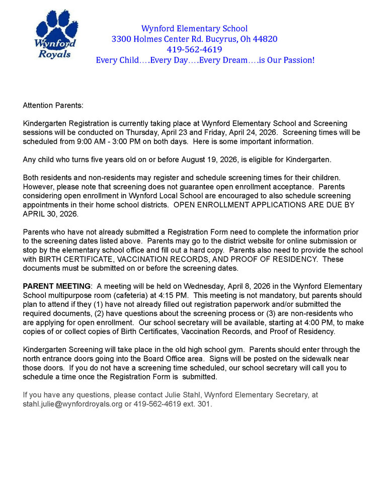 Kindergarten Registraton and Screening for 2026-2027