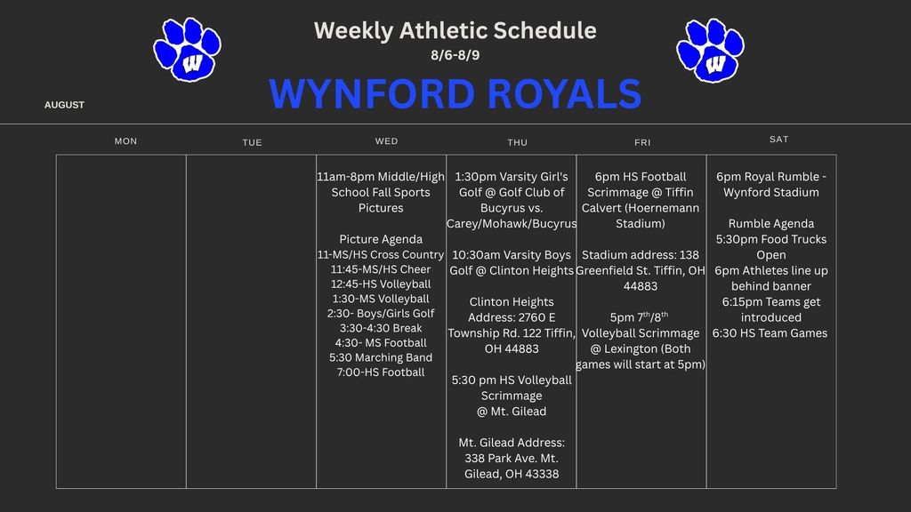 Updated Weekly Athletic Schedule