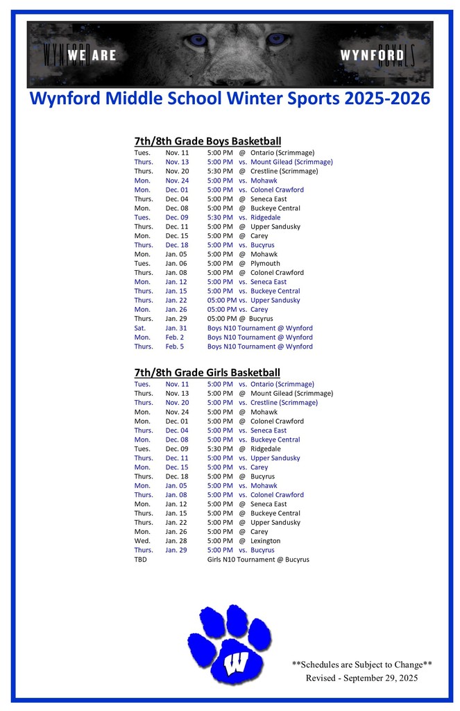 2025-2026 Winter Middle School Sports Schedules